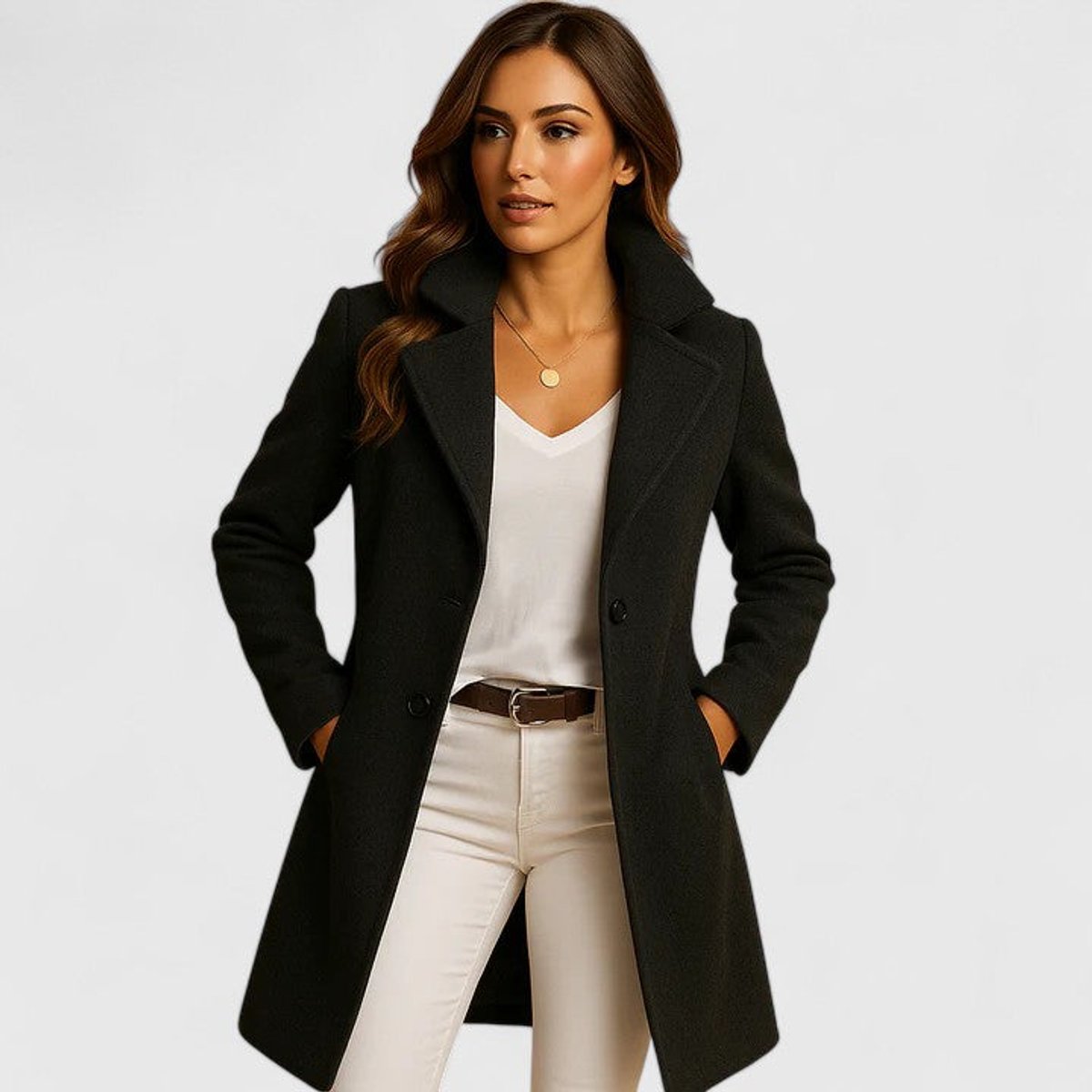 Léone - Manteau Long Cintré à Revers Cranés