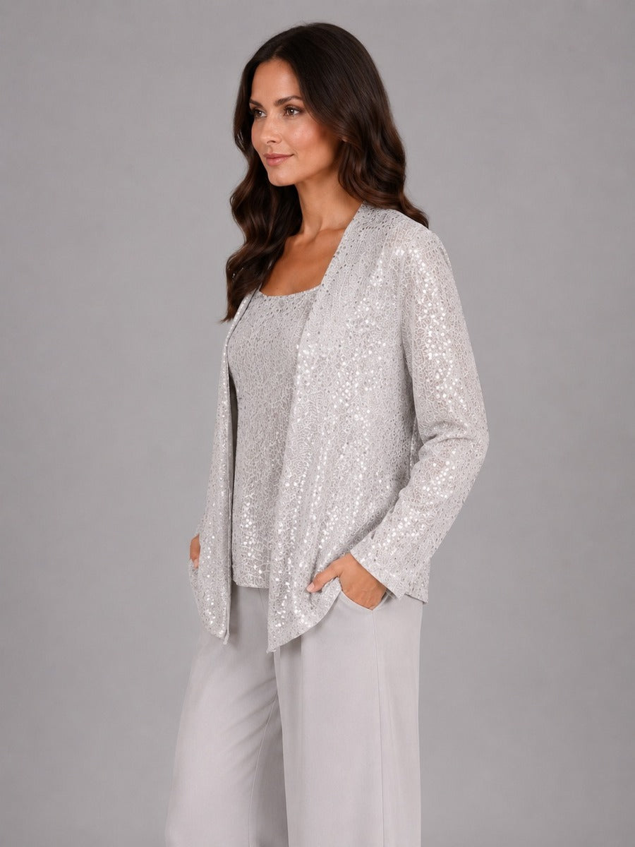 Ghislaine - Ensemble Trois Pièces Veste Ouverte à Sequins, Top et Pantalon Large