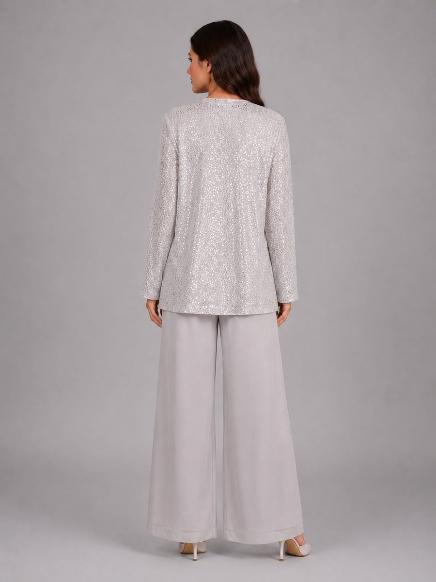 Ghislaine - Ensemble Trois Pièces Veste Ouverte à Sequins, Top et Pantalon Large