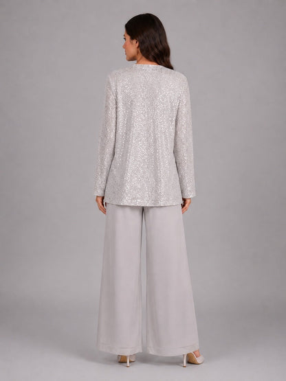 Ghislaine - Ensemble Trois Pièces Veste Ouverte à Sequins, Top et Pantalon Large