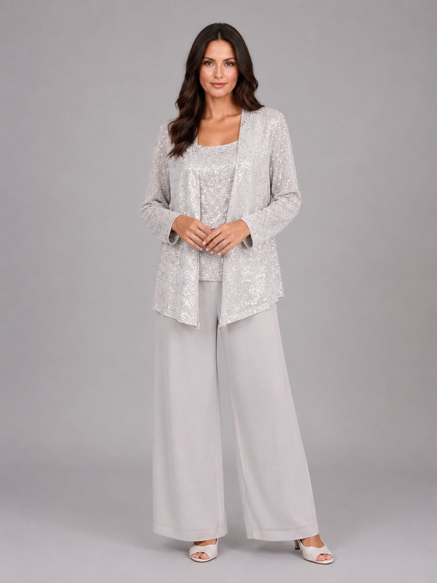 Ghislaine - Ensemble Trois Pièces Veste Ouverte à Sequins, Top et Pantalon Large