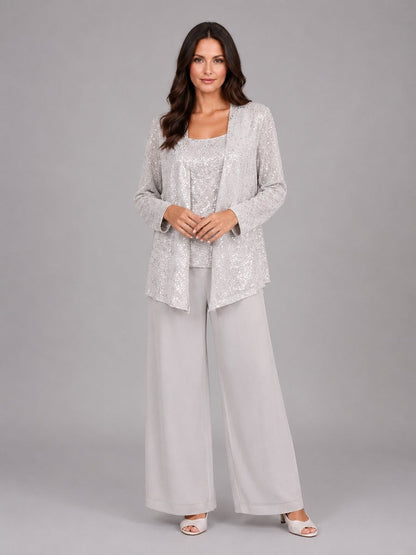 Ghislaine - Ensemble Trois Pièces Veste Ouverte à Sequins, Top et Pantalon Large