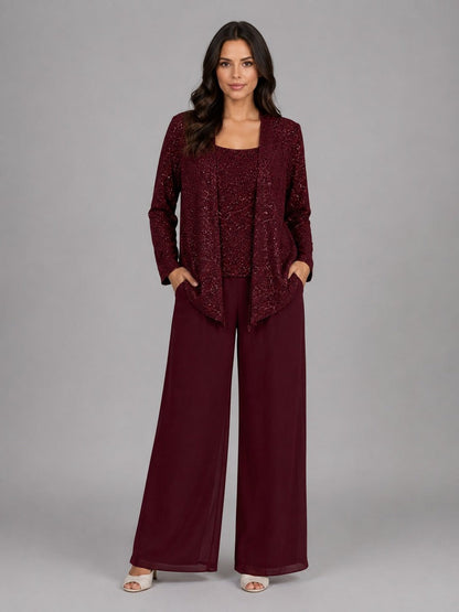 Ghislaine - Ensemble Trois Pièces Veste Ouverte à Sequins, Top et Pantalon Large