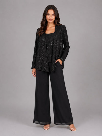 Ghislaine - Ensemble Trois Pièces Veste Ouverte à Sequins, Top et Pantalon Large