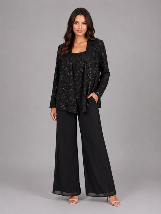 Ghislaine - Ensemble Trois Pièces Veste Ouverte à Sequins, Top et Pantalon Large