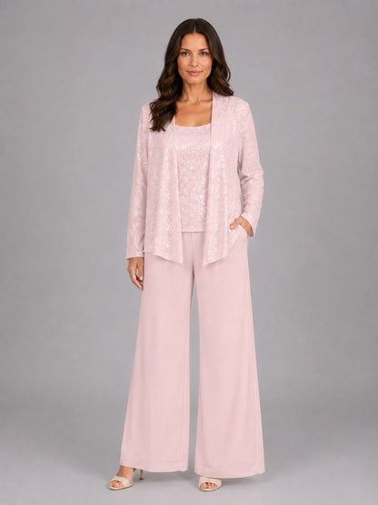 Ghislaine - Ensemble Trois Pièces Veste Ouverte à Sequins, Top et Pantalon Large