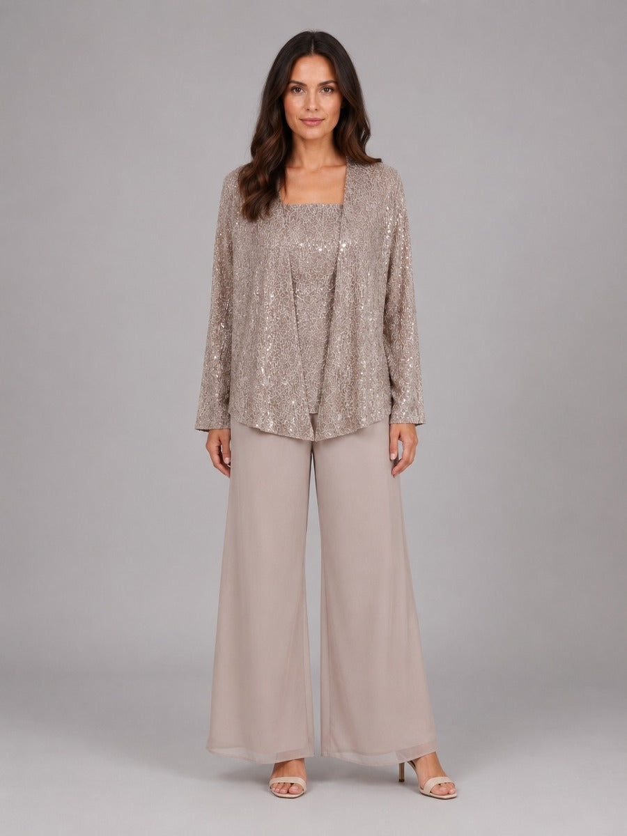 Ghislaine - Ensemble Trois Pièces Veste Ouverte à Sequins, Top et Pantalon Large