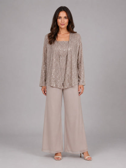Ghislaine - Ensemble Trois Pièces Veste Ouverte à Sequins, Top et Pantalon Large